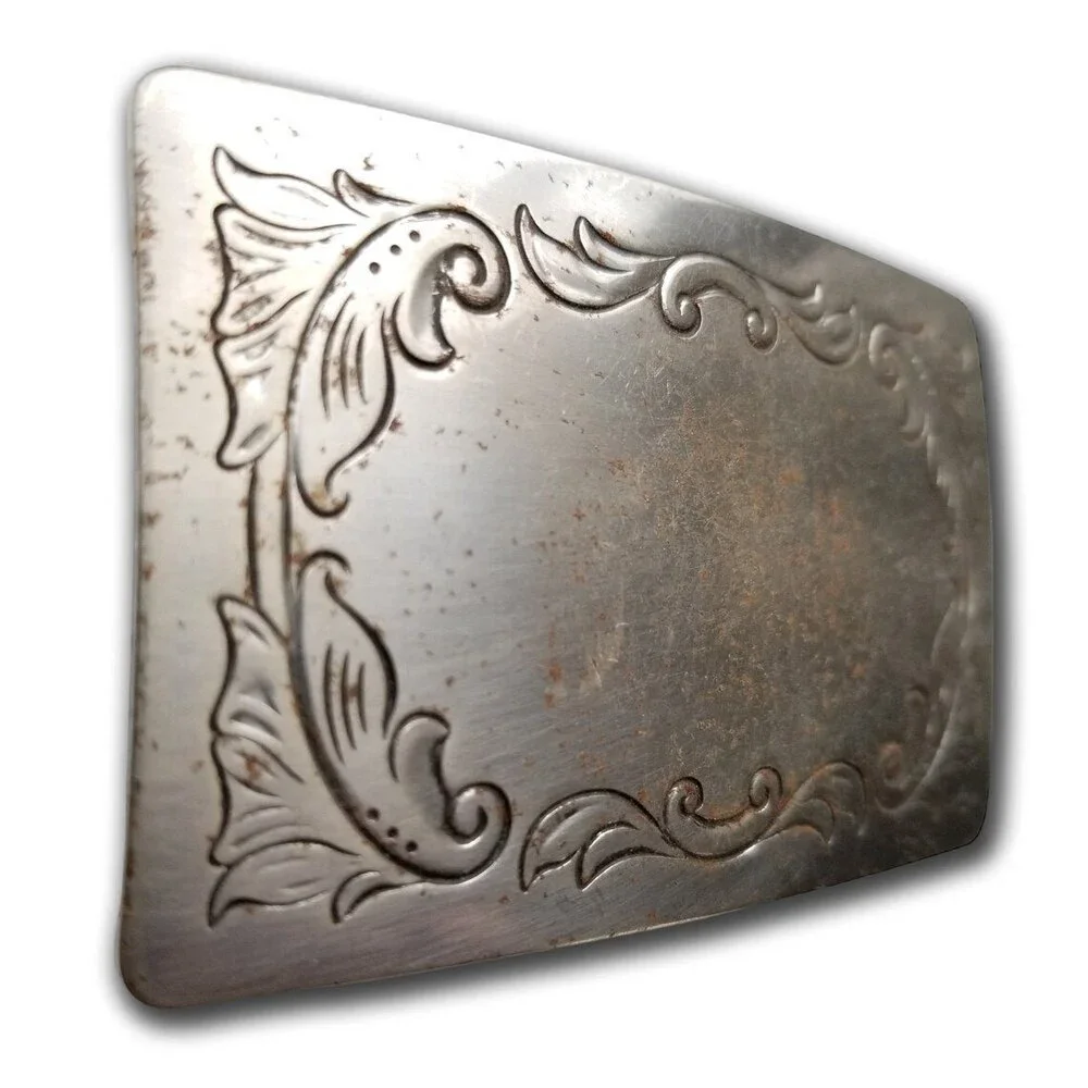 Belt Buckle Silver‎ Color Engraved Stamped Filigree Leaves Western Square USA